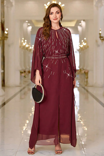 Sparkly Burgundy A Line Round Neck Long Sleeves Formal Dress